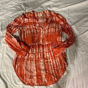 Anthropologie Maeve Red/Orange and White Long-Sleeve Button Down, Size 8